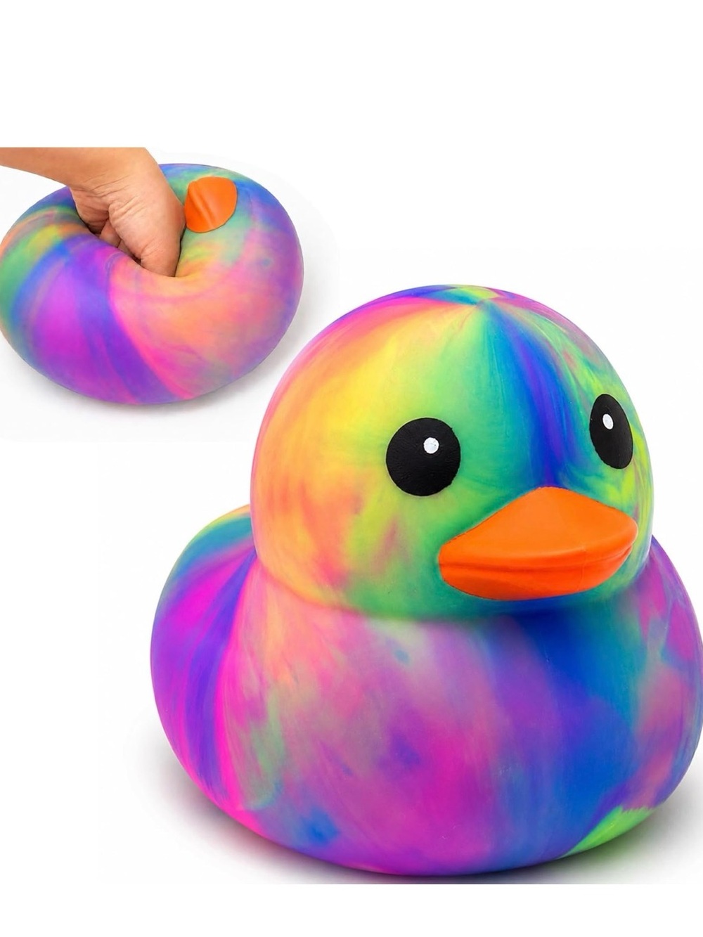 Jumbo Squish Rainbow Tie-Dye Duck Plush Toy - Orange Beak